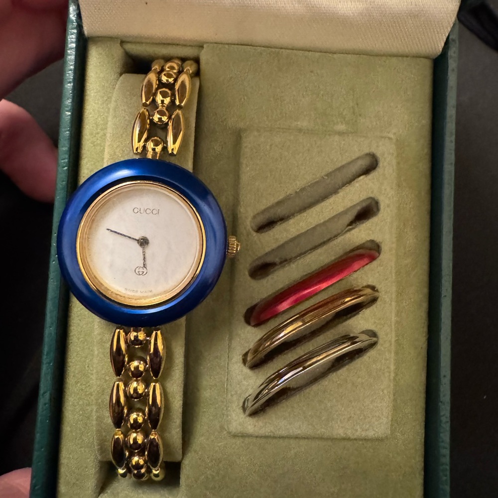 Gucci Gold Watch with Blue Bezel and Extra Bezels - Picture 2 of 8